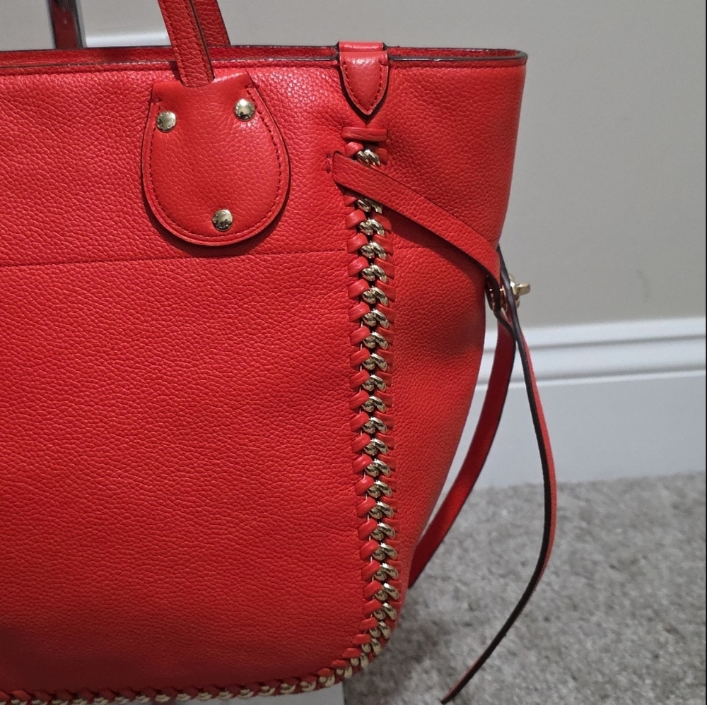 Coach Coral-Red Leather Tote with Whipstitch Accents - Picture 8 of 16